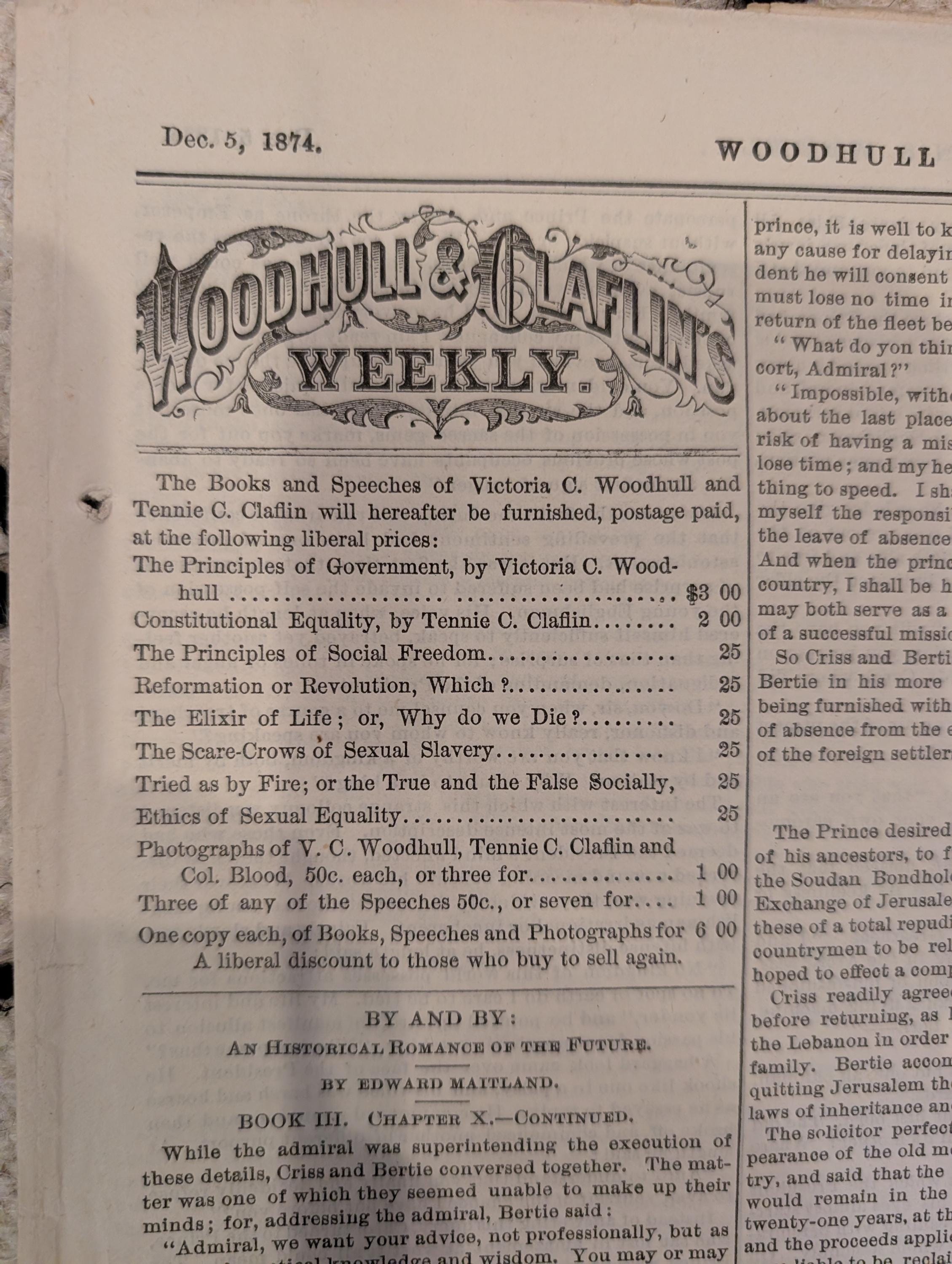 1874 Woodhull & Claflin's Weekly — Victoria Woodhull, Free Love — Dec 5