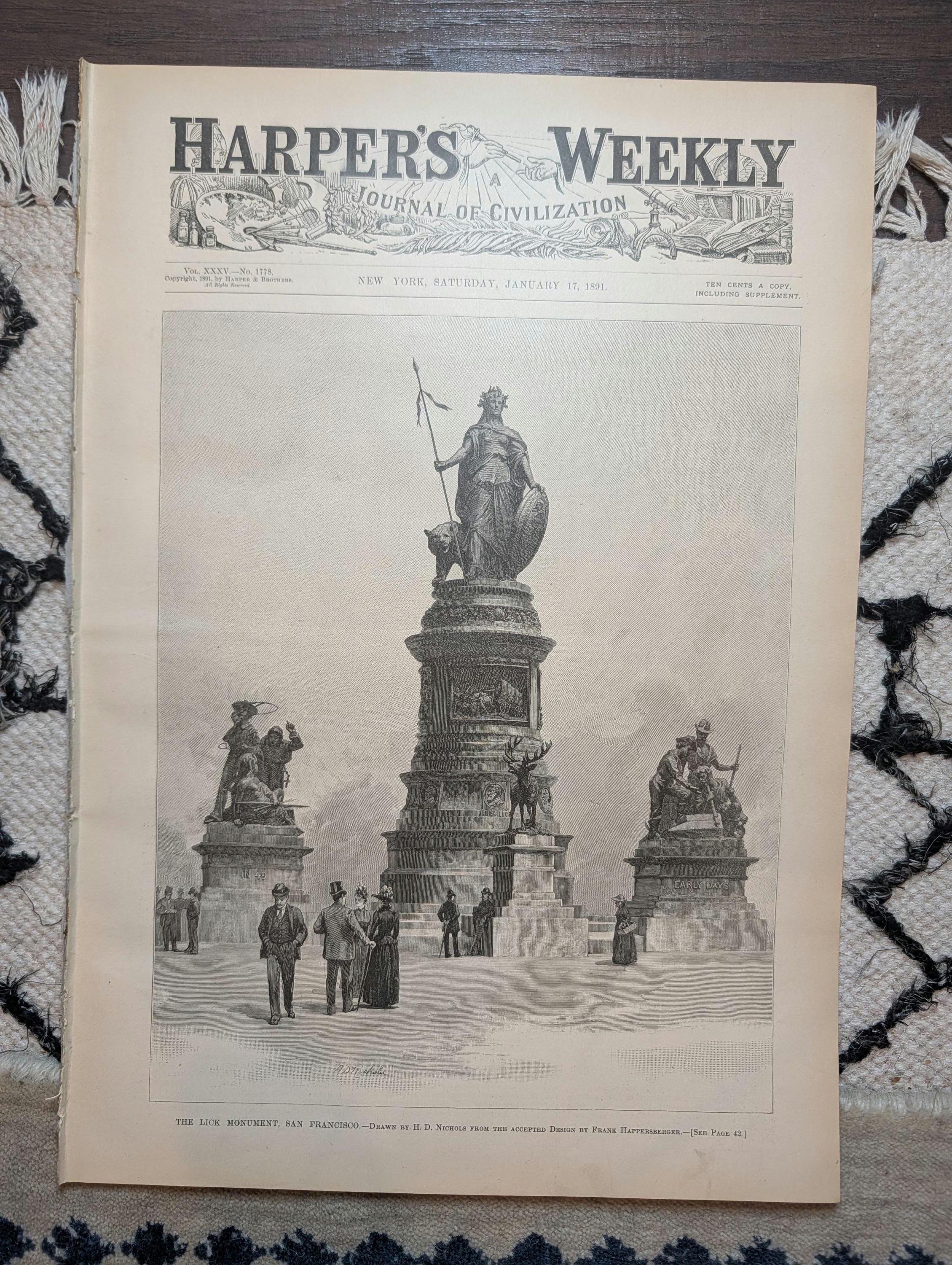 1891 Lick Monument San Francisco, East Side Street Merchants, Columbian Expo — Jan 17