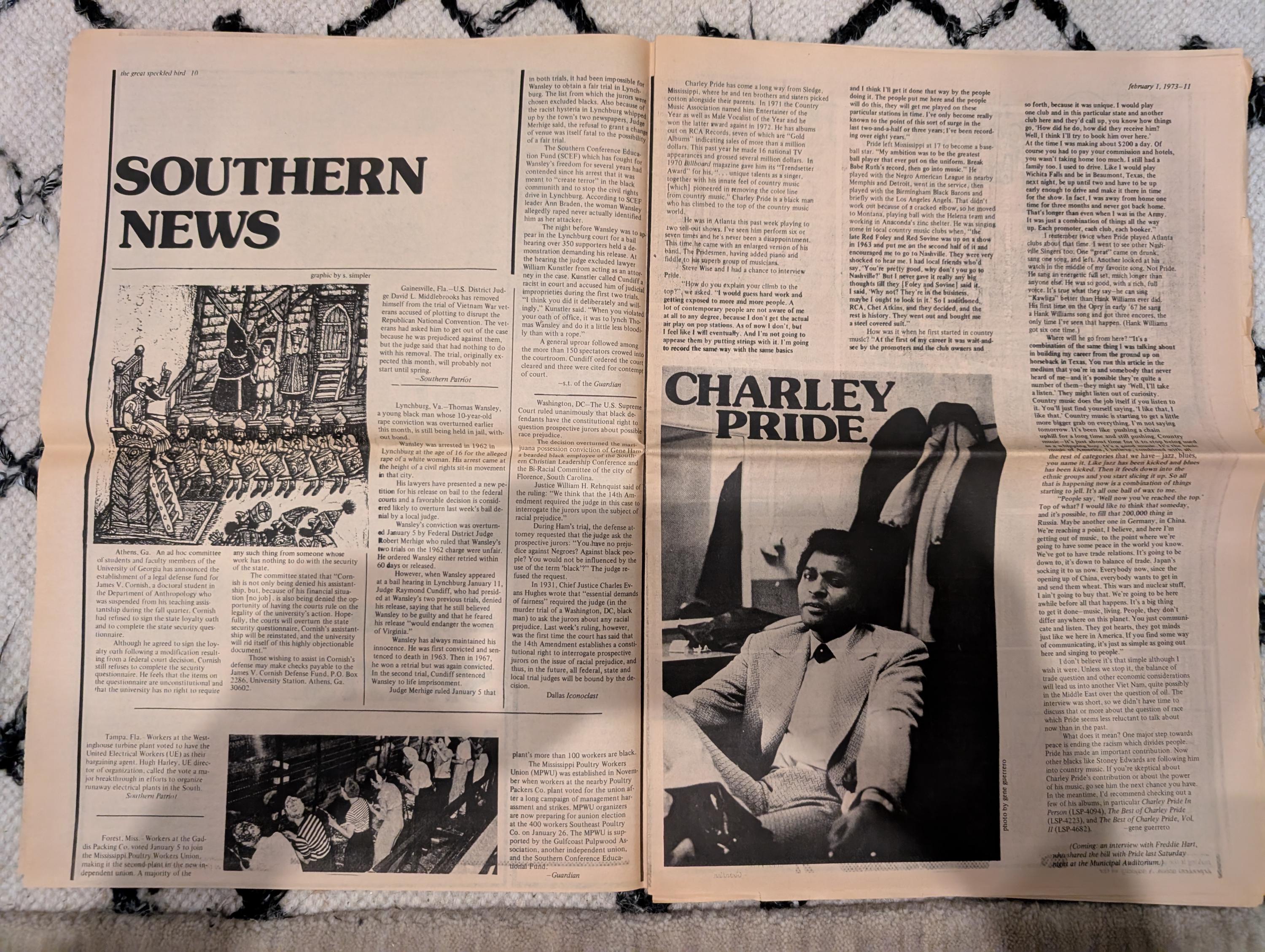 The Great Speckled Bird | February 1, 1973 | Underground Newspaper | Charley Pride Interview, Vietnam War, Abortion Rights, Bo Diddley
