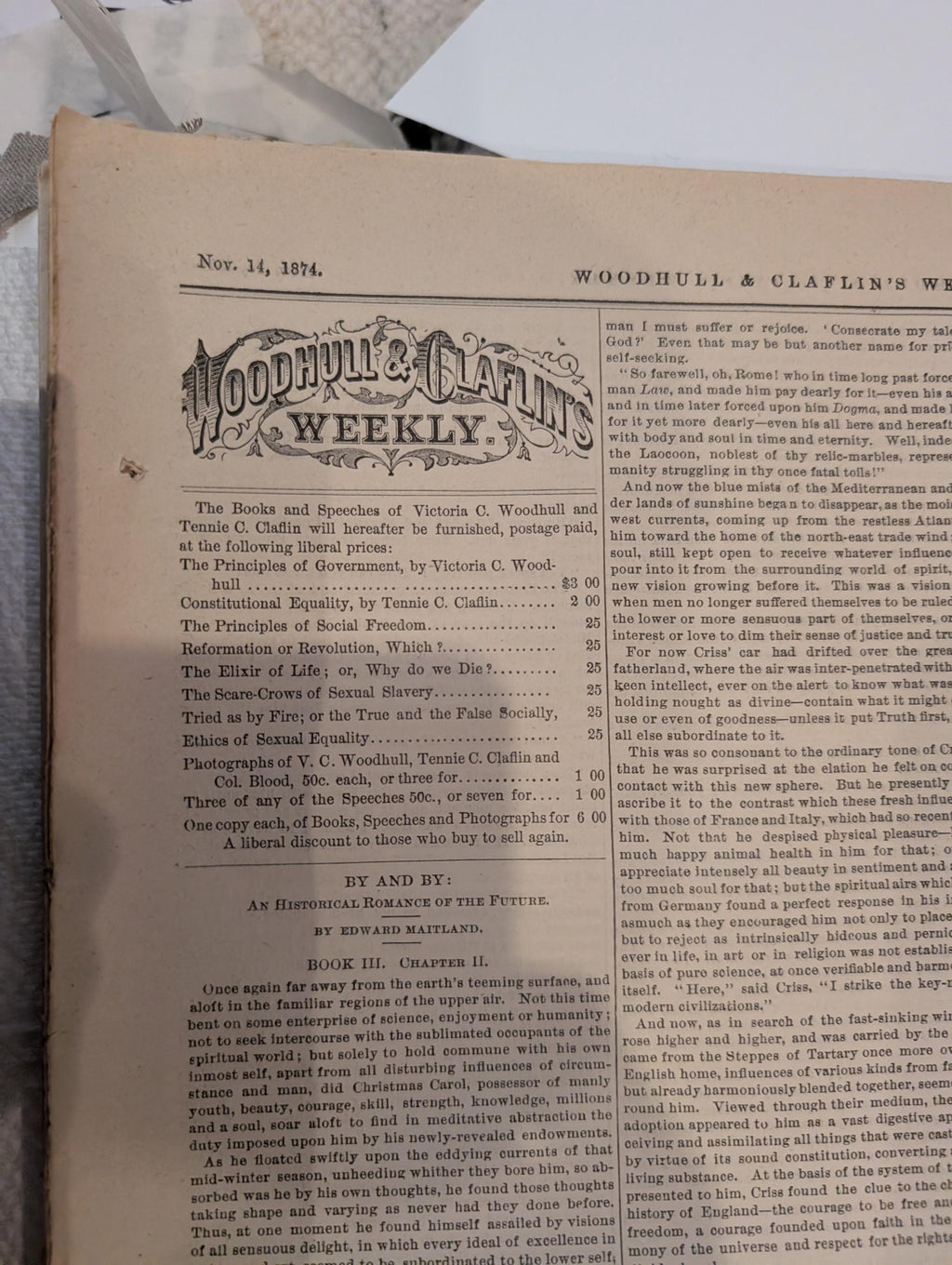 1874 Woodhull & Claflin's Weekly — Victoria Woodhull, St. Paul's, Spirit — Nov 14