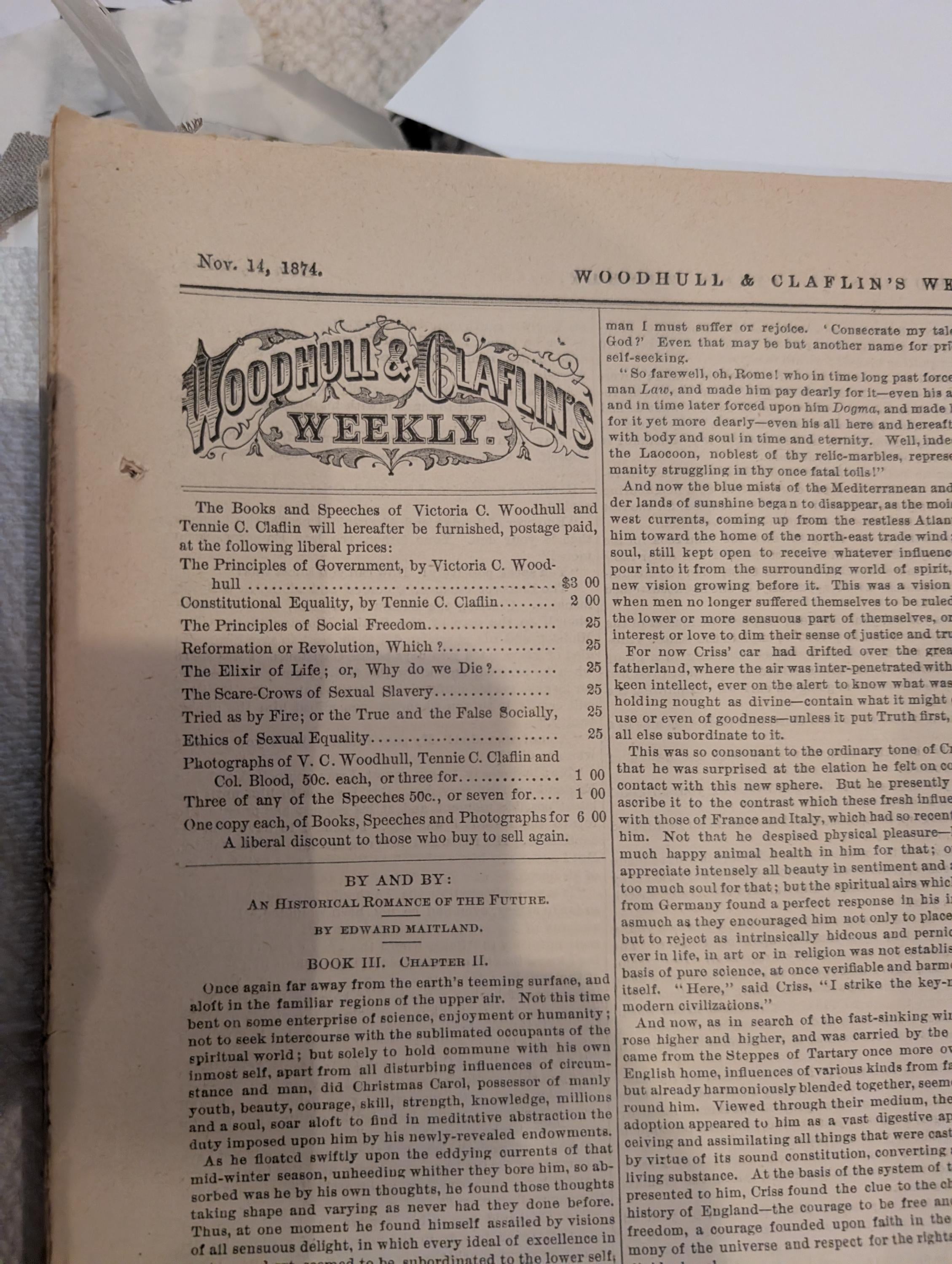 1874 Woodhull & Claflin's Weekly — Victoria Woodhull, St. Paul's, Spirit — Nov 14