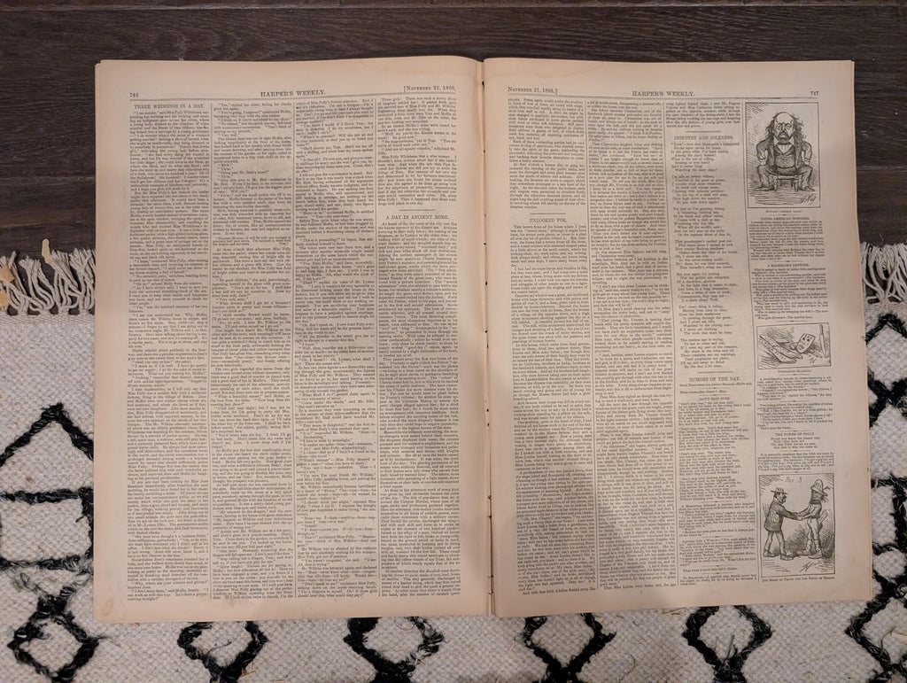 Harper’s Weekly – November 21, 1868 – YMCA Cornerstone • Petroleum Nasby • Adirondack Scenes • Texas Mustangs • Arica Earthquake