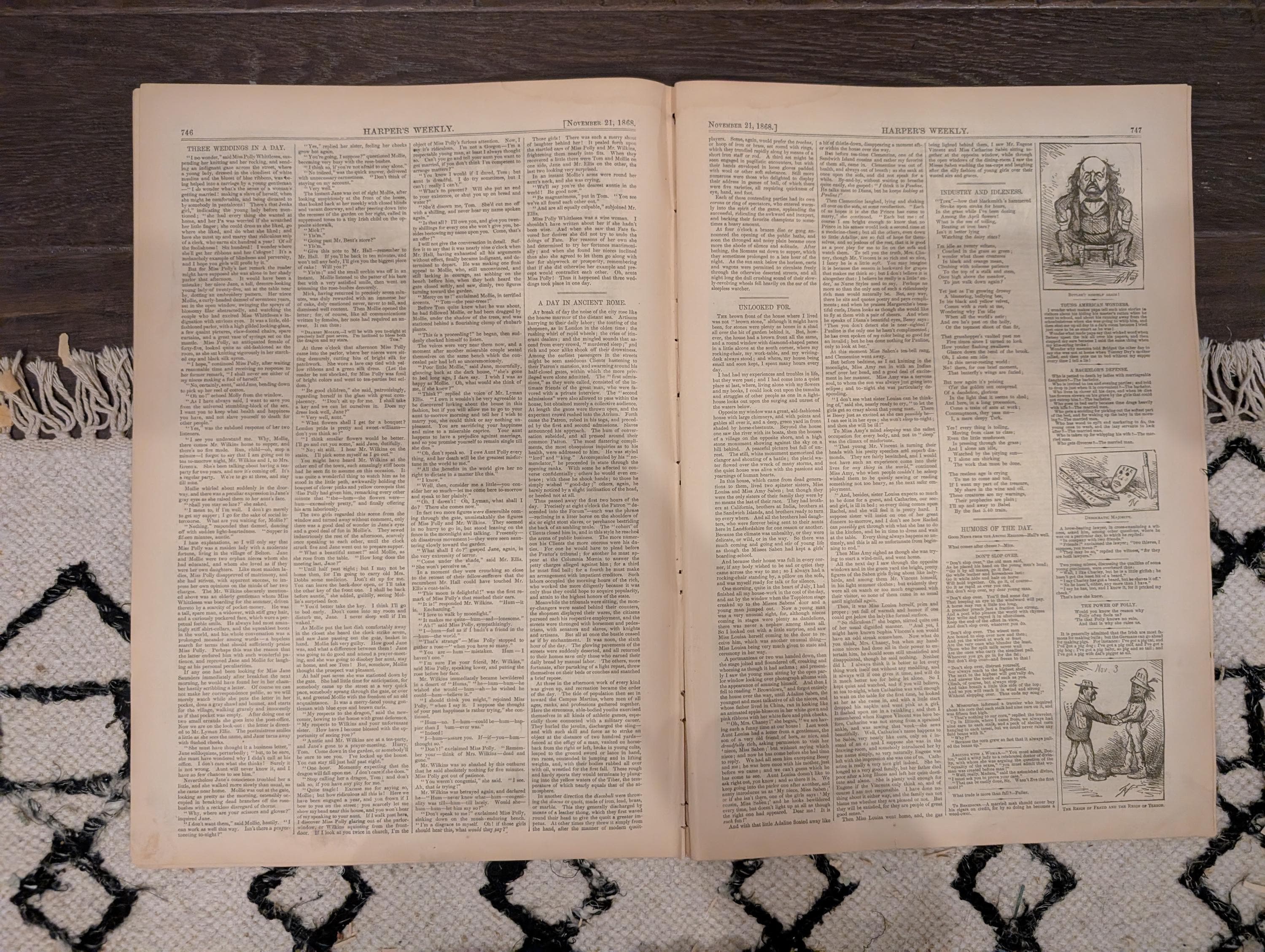 Harper’s Weekly – November 21, 1868 – YMCA Cornerstone • Petroleum Nasby • Adirondack Scenes • Texas Mustangs • Arica Earthquake