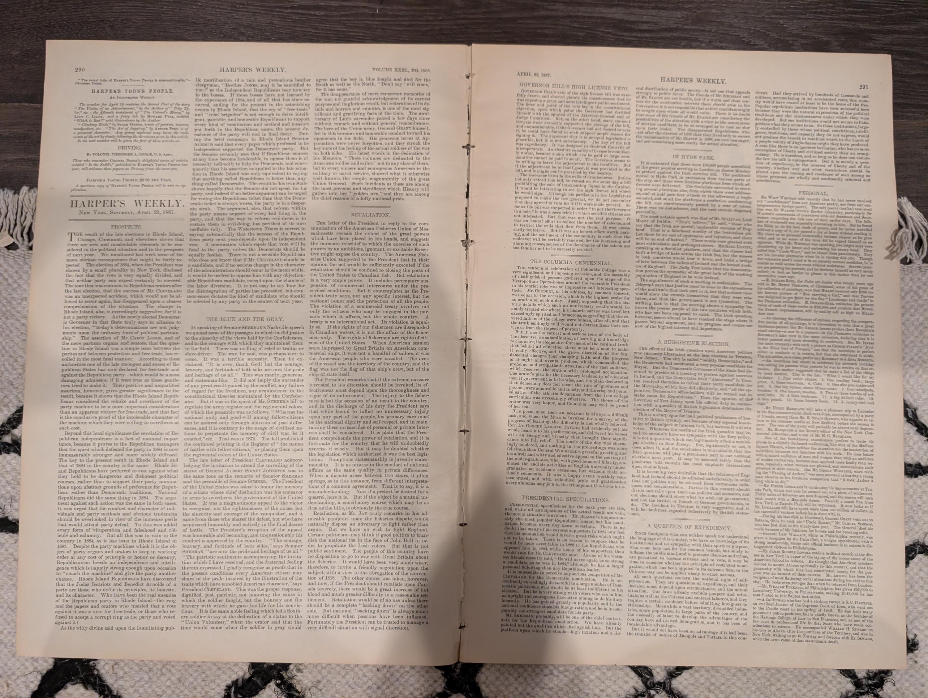 Harper’s Weekly April 23 1887 – Prairie Letter-Box, Denver Centerfold, Remington, Whitman, St. Augustine Fire