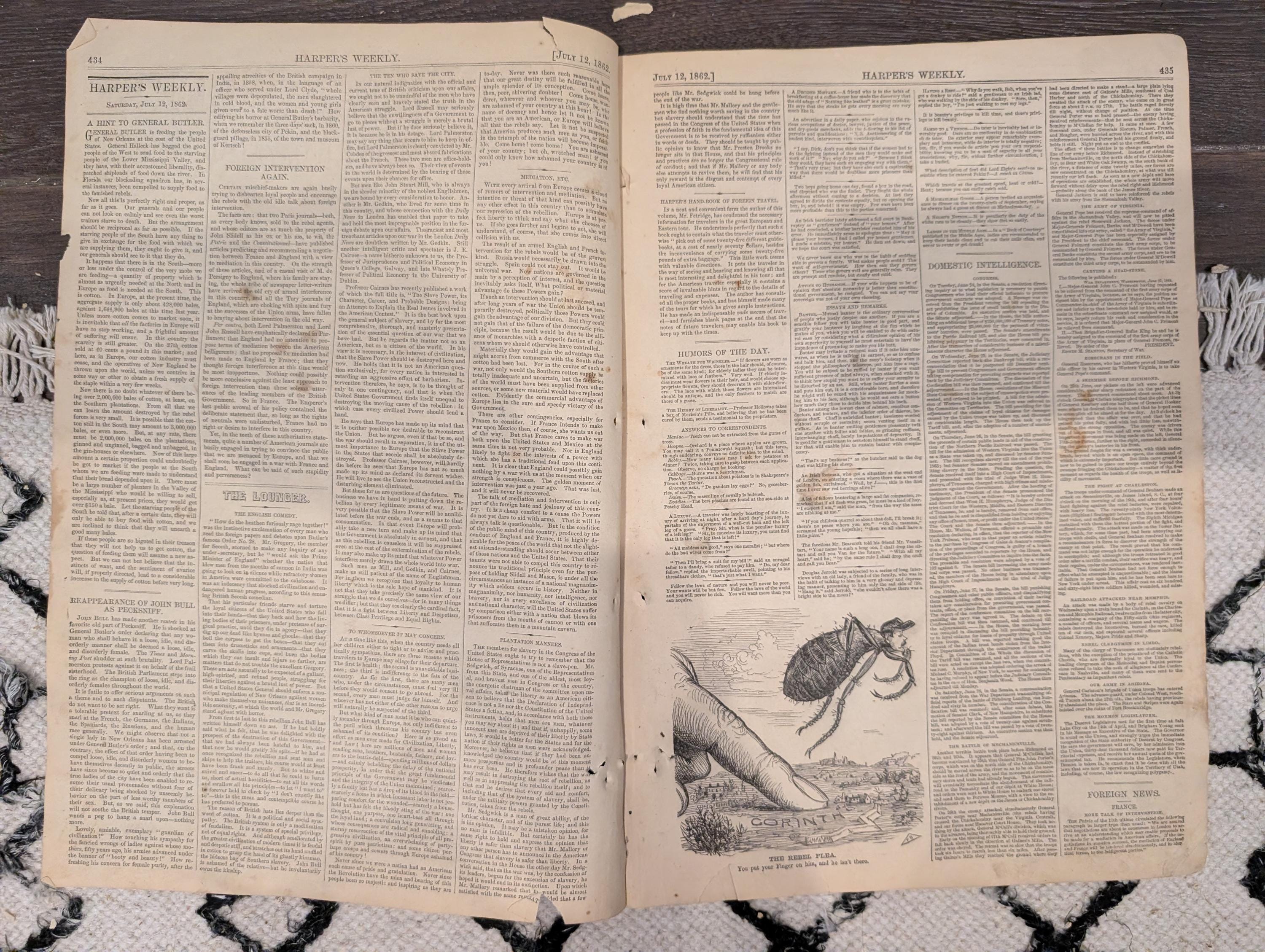 Harper’s Weekly – July 12, 1862 • Two Winslow Homer Prints • Bayonet Charge • Surgeon at Work • Butler’s New Orleans Proclamation Cartoons