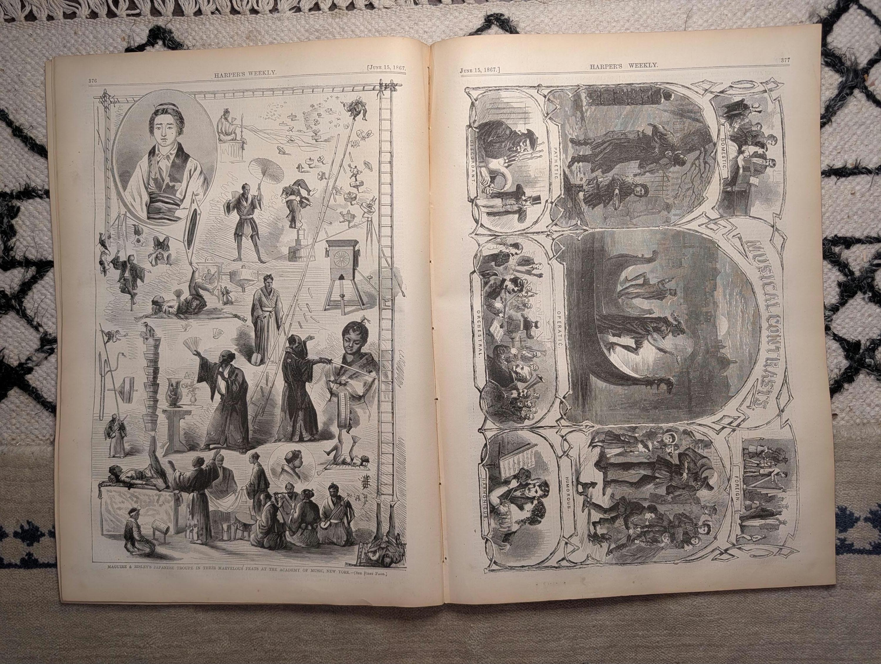 1867 Kansas Pacific Railroad Scenes, Nast "Infanticide," Japanese Acrobat Jun 15