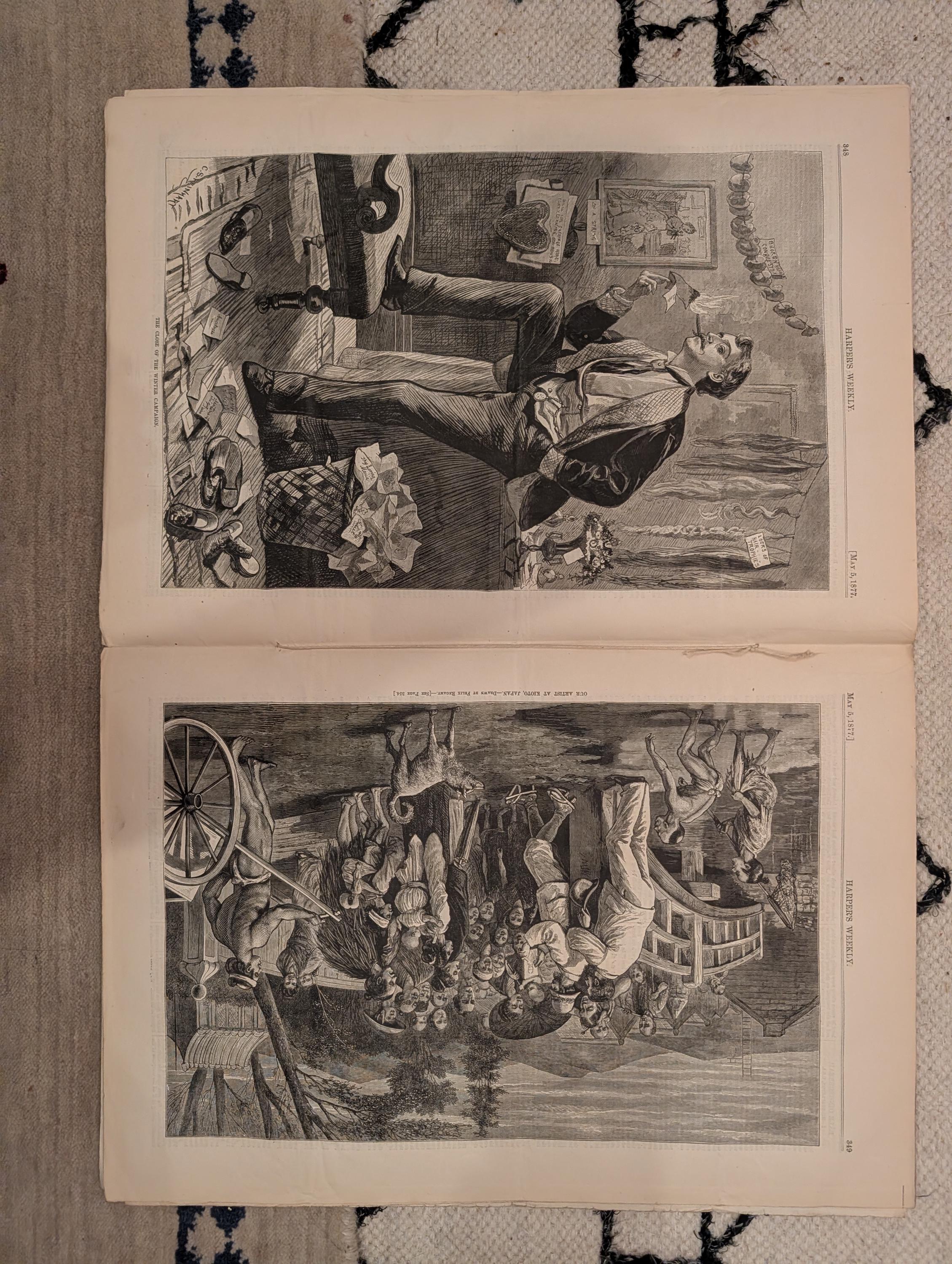1877 Nast Uncle Sam, Kyoto Japan, Elephant Moonlight, St. Louis Fire — May 5