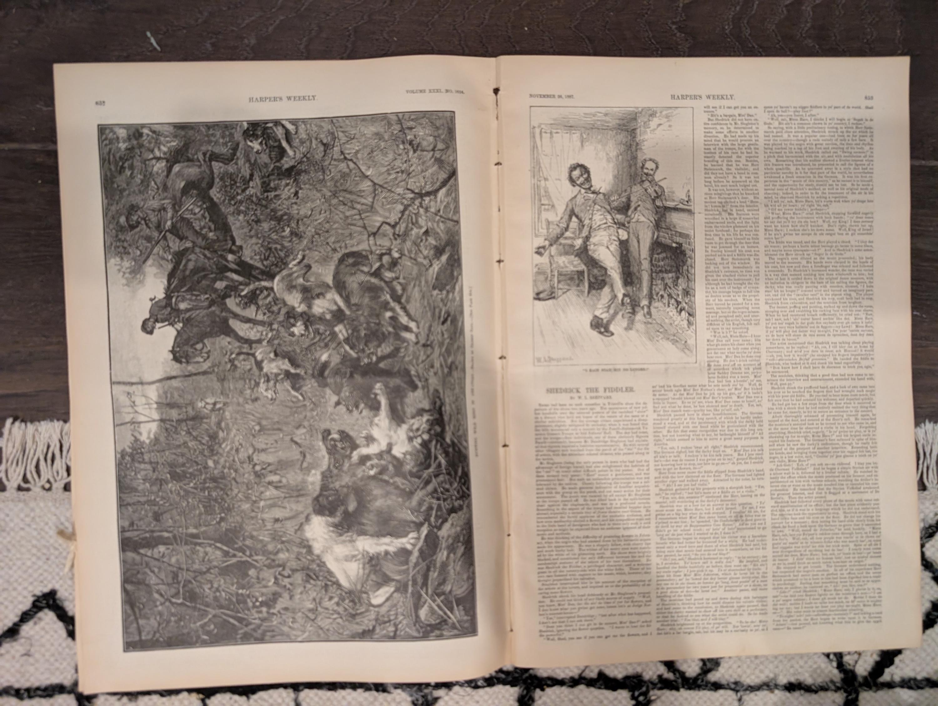 1887 Early Football and Baseball Harper’s Weekly Nov 26 – Remington Football Cover, San Francisco Baseball, Wild Hog Hunt, Naval Battle Scen