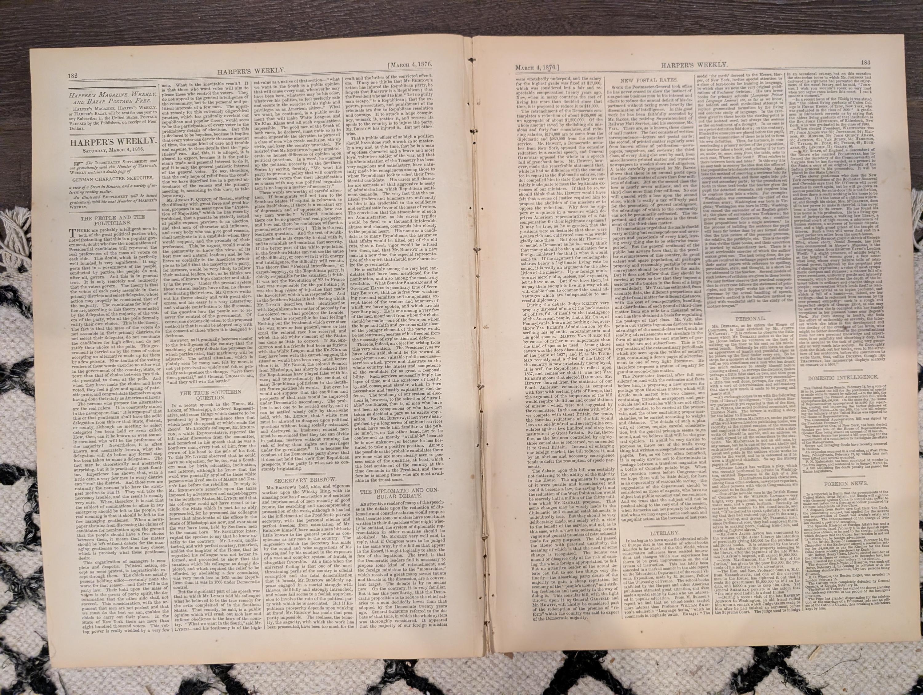 Harper’s Weekly Mar 4 1876 – Molly Maguires, Thomas Nast Cover, Fire Patrol, Centennial Plaza, Complete + Supplement