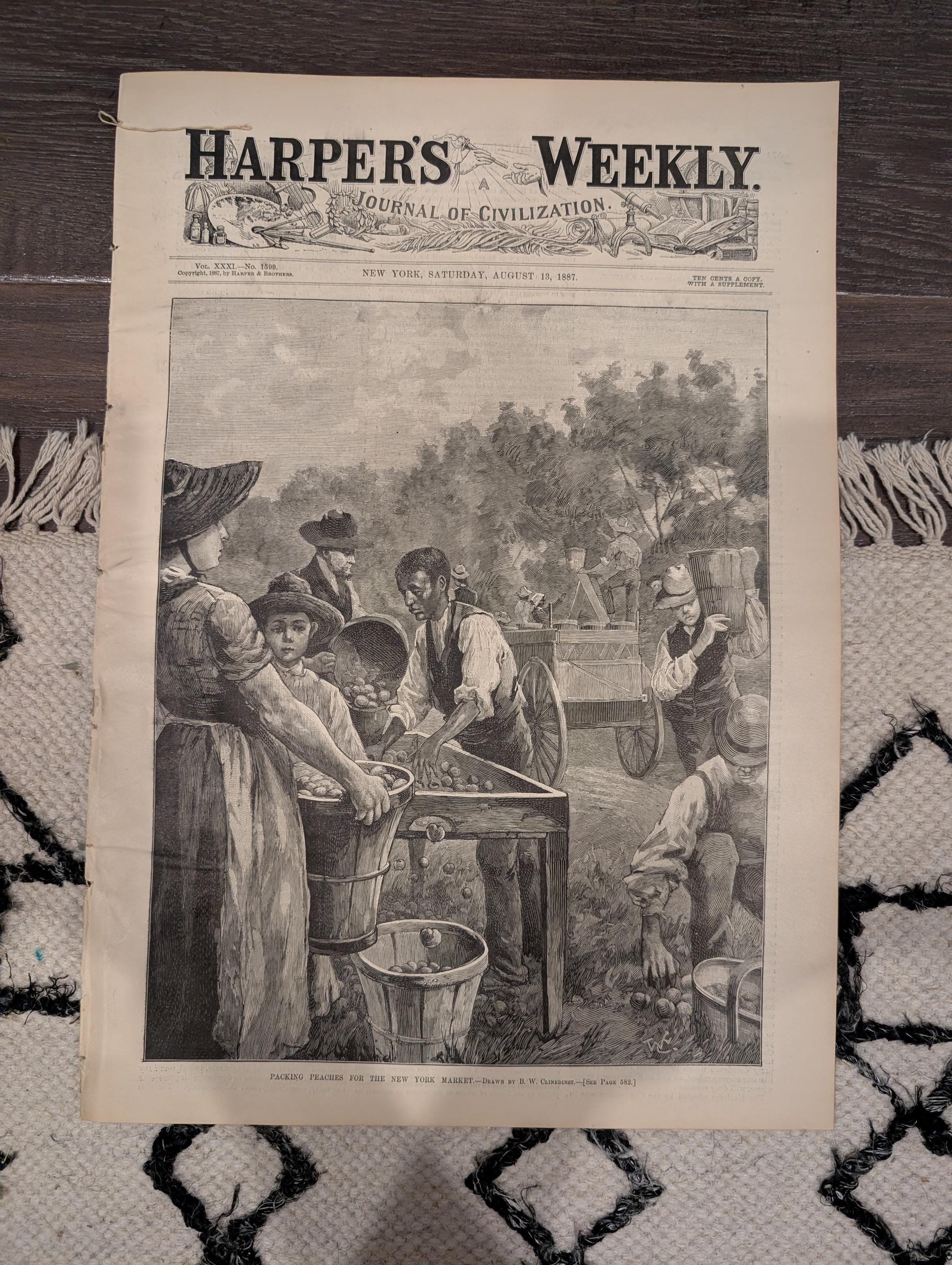 Harper’s Weekly – August 13, 1887 – Packing Peaches, March to Peekskill, New Hampshire Coast, Newfoundland Bait Fishing – Complete Issue