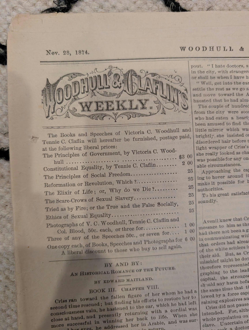 1874 Woodhull & Claflin's Weekly — Victoria Woodhull, Aerial War, Spirits — Nov 28