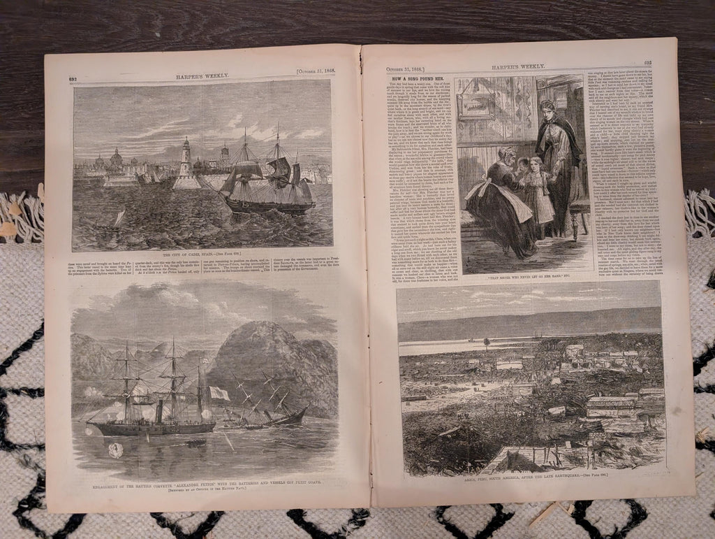 Harper’s Weekly – October 31, 1868 – Winslow Homer “Our Next President” • Chicago Cattle Market • Cadiz & Haiti Naval Scenes • Peru Earthqua