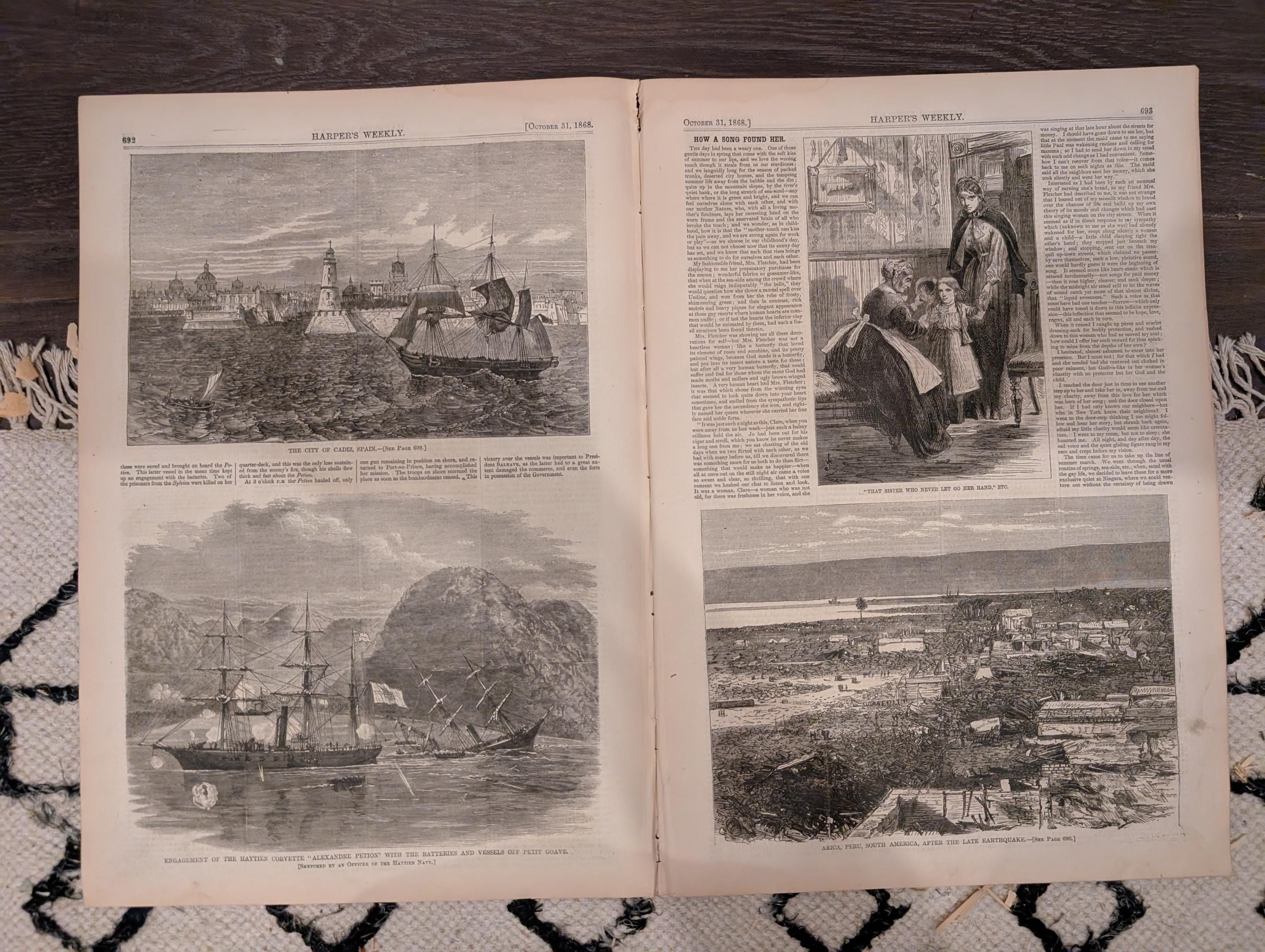 Harper’s Weekly – October 31, 1868 – Winslow Homer “Our Next President” • Chicago Cattle Market • Cadiz & Haiti Naval Scenes • Peru Earthqua