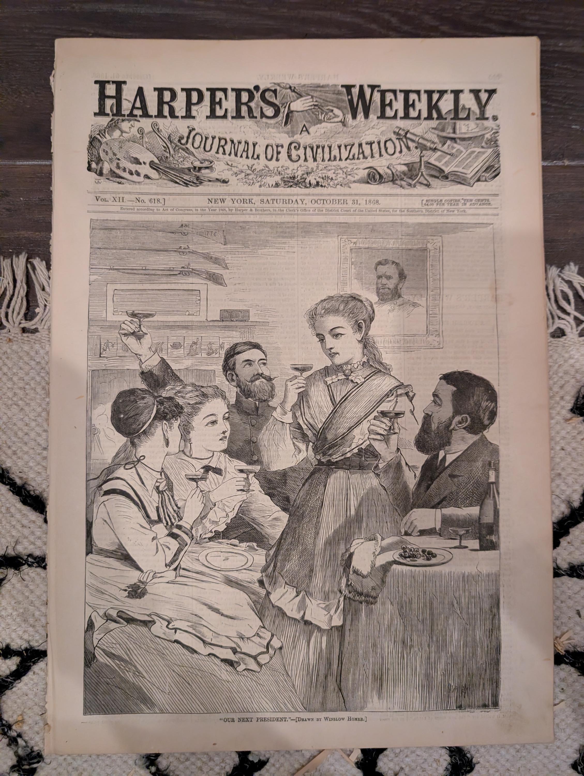 Harper’s Weekly – October 31, 1868 – Winslow Homer “Our Next President” • Chicago Cattle Market • Cadiz & Haiti Naval Scenes • Peru Earthqua
