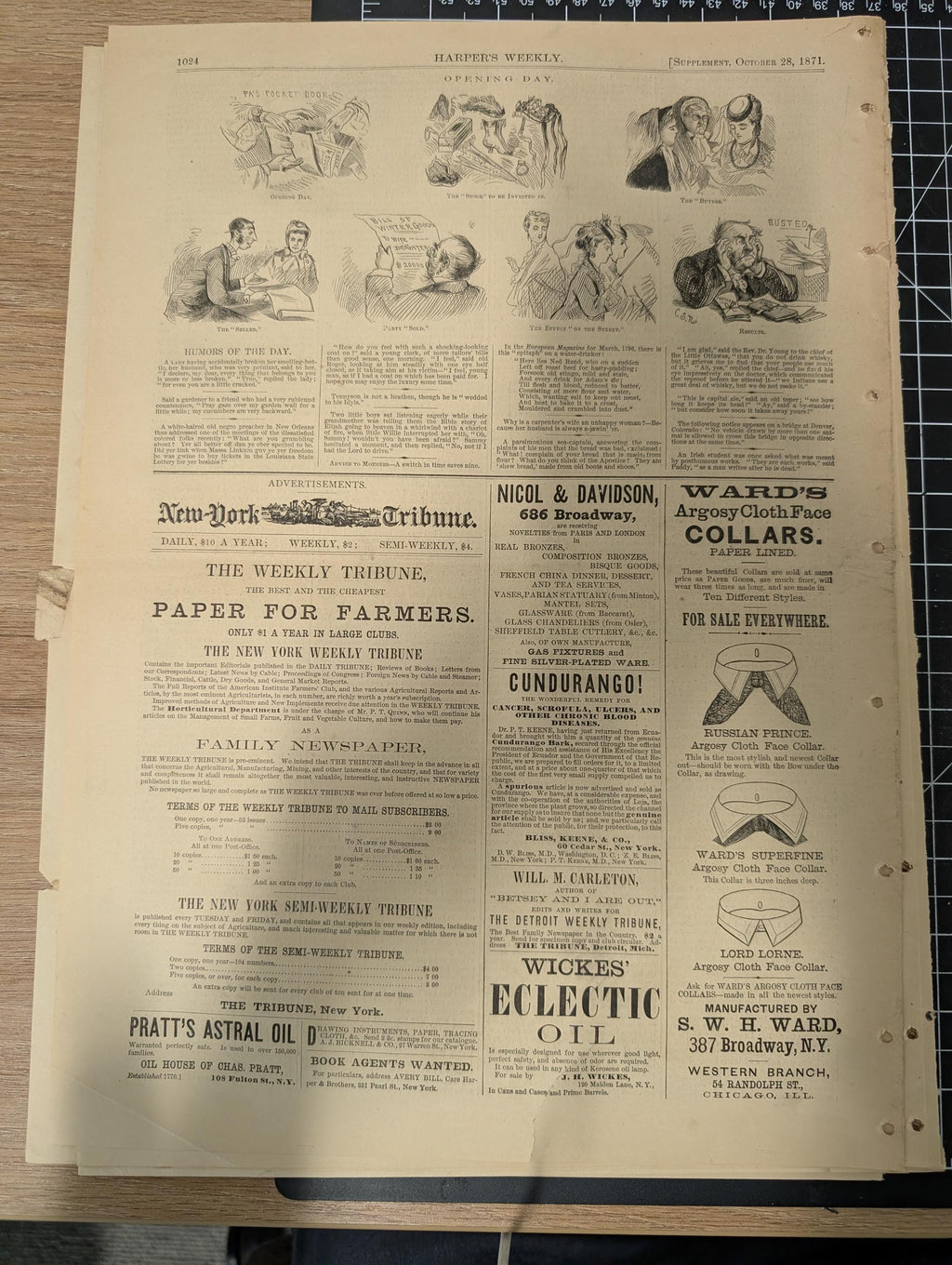 Harper’s Weekly – October 28, 1871 – Complete w/ Supplement (24 pp) | Great Chicago Fire Engravings, Octavius Catto, Nast Cartoon