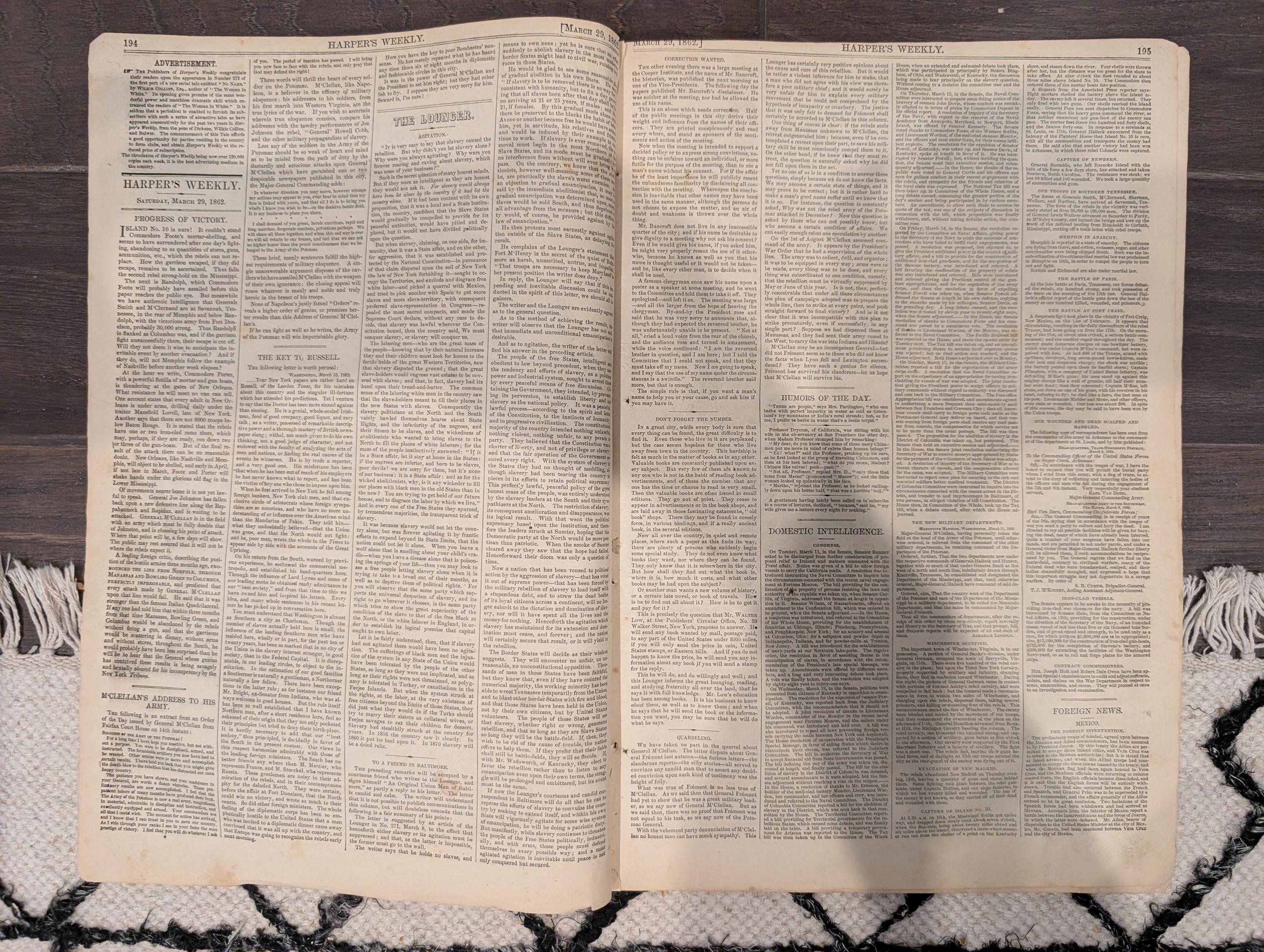 Harper’s Weekly March 29 1862 – Battle of Pea Ridge, Manassas, Columbus KY, Fort Clinch, Civil War Maps & Illustrations