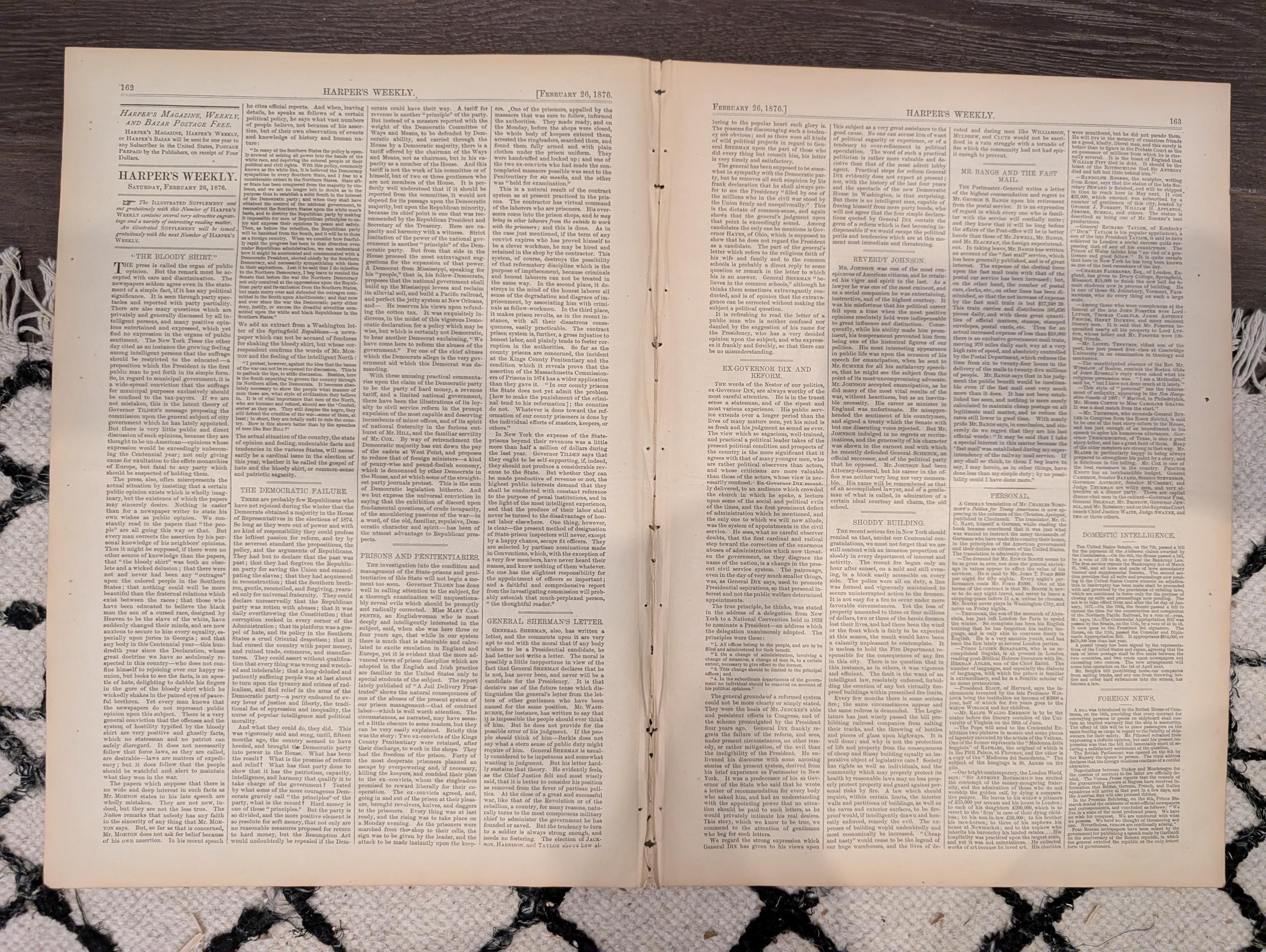 Harper’s Weekly Feb 26 1876 – Early American Football, Thomas Nast Cartoons, Frere Art, Complete Issue VG