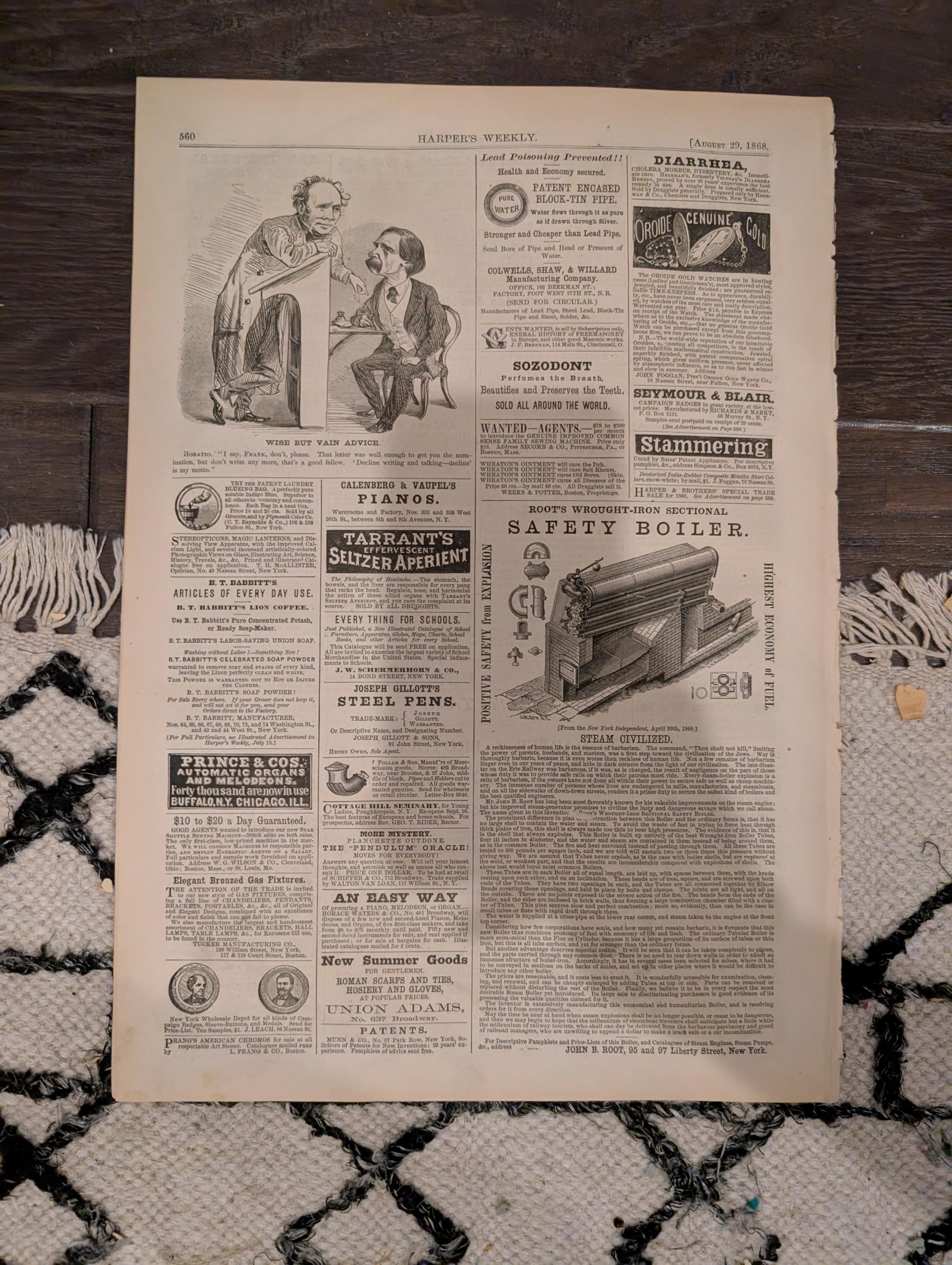 Harper’s Weekly – August 29, 1868 – Thaddeus Stevens Death • Cattle Plague • Methodist Camp Meeting • Shipwreck