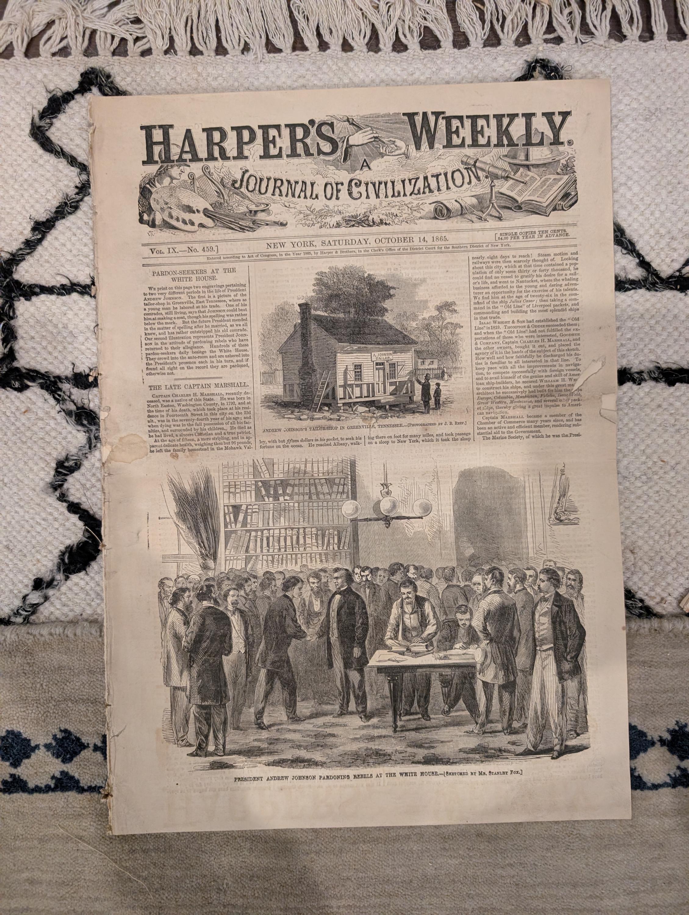 1865 Harper's Weekly — Alfred Tennyson, Central Park, President Johnson Pardons Rebels, Oct 14