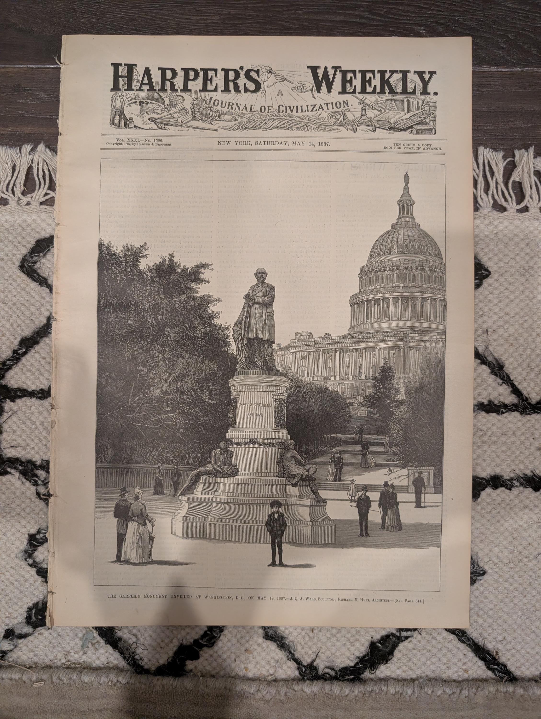 Harper’s Weekly May 14, 1887 – Garfield Monument, Metropolitan Museum Art Prints, Statues, Capitol Scene, Complete Issue