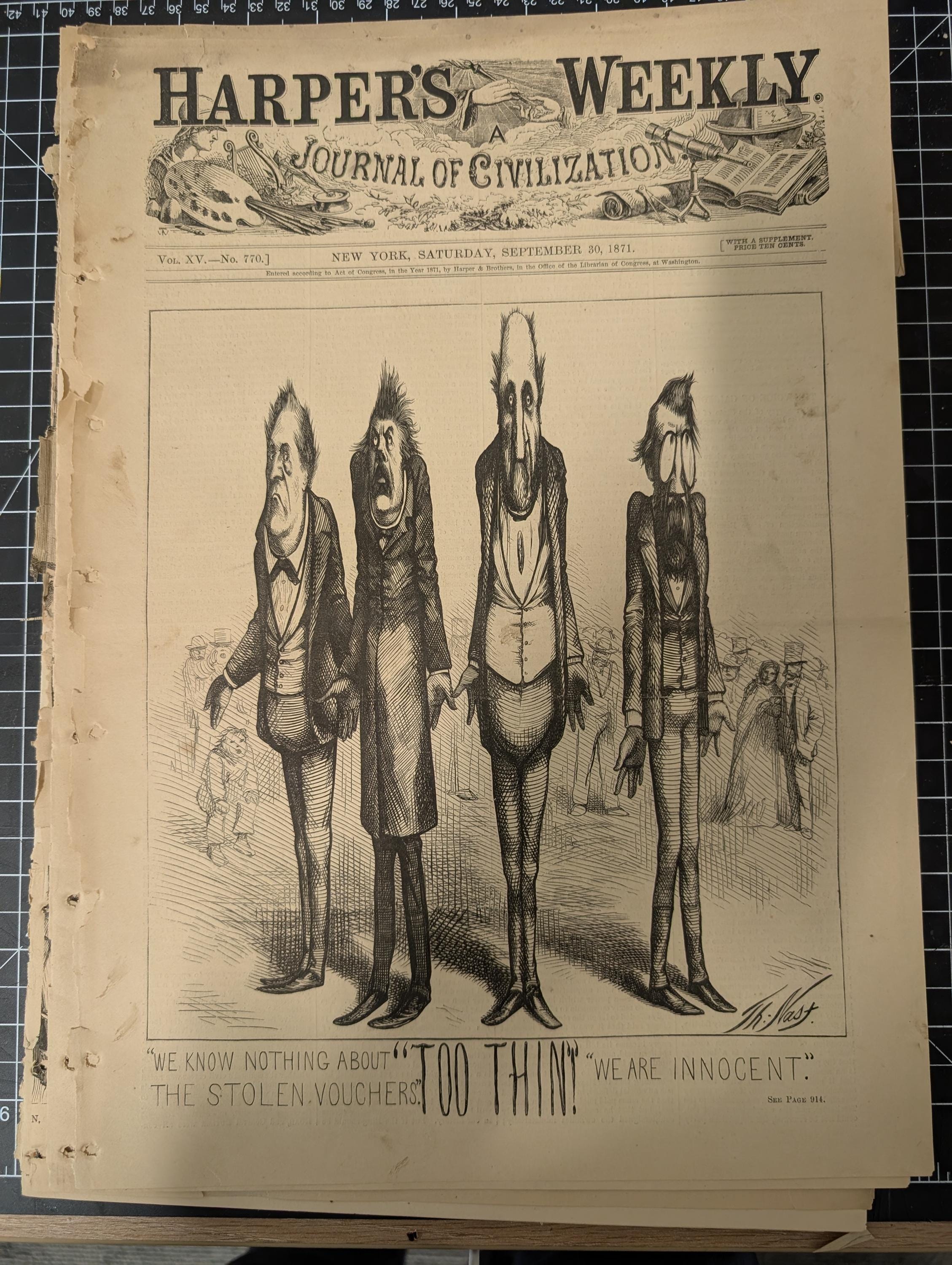 Harper’s Weekly – September 30, 1871 – Complete Issue with Supplement | Thomas Nast Tammany Cartoon, American River Ganges, Mormon Tabernacl