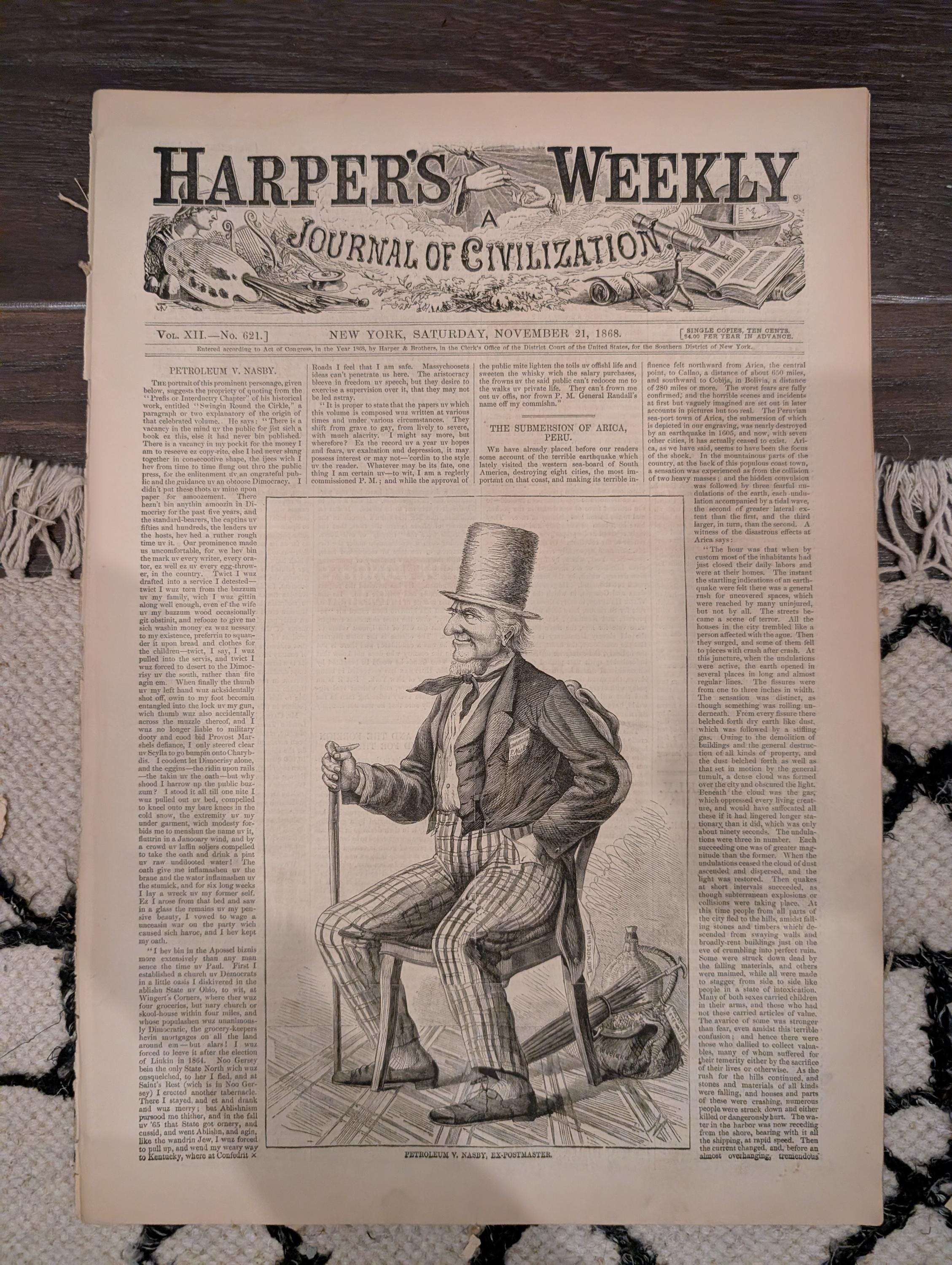 Harper’s Weekly – November 21, 1868 – YMCA Cornerstone • Petroleum Nasby • Adirondack Scenes • Texas Mustangs • Arica Earthquake