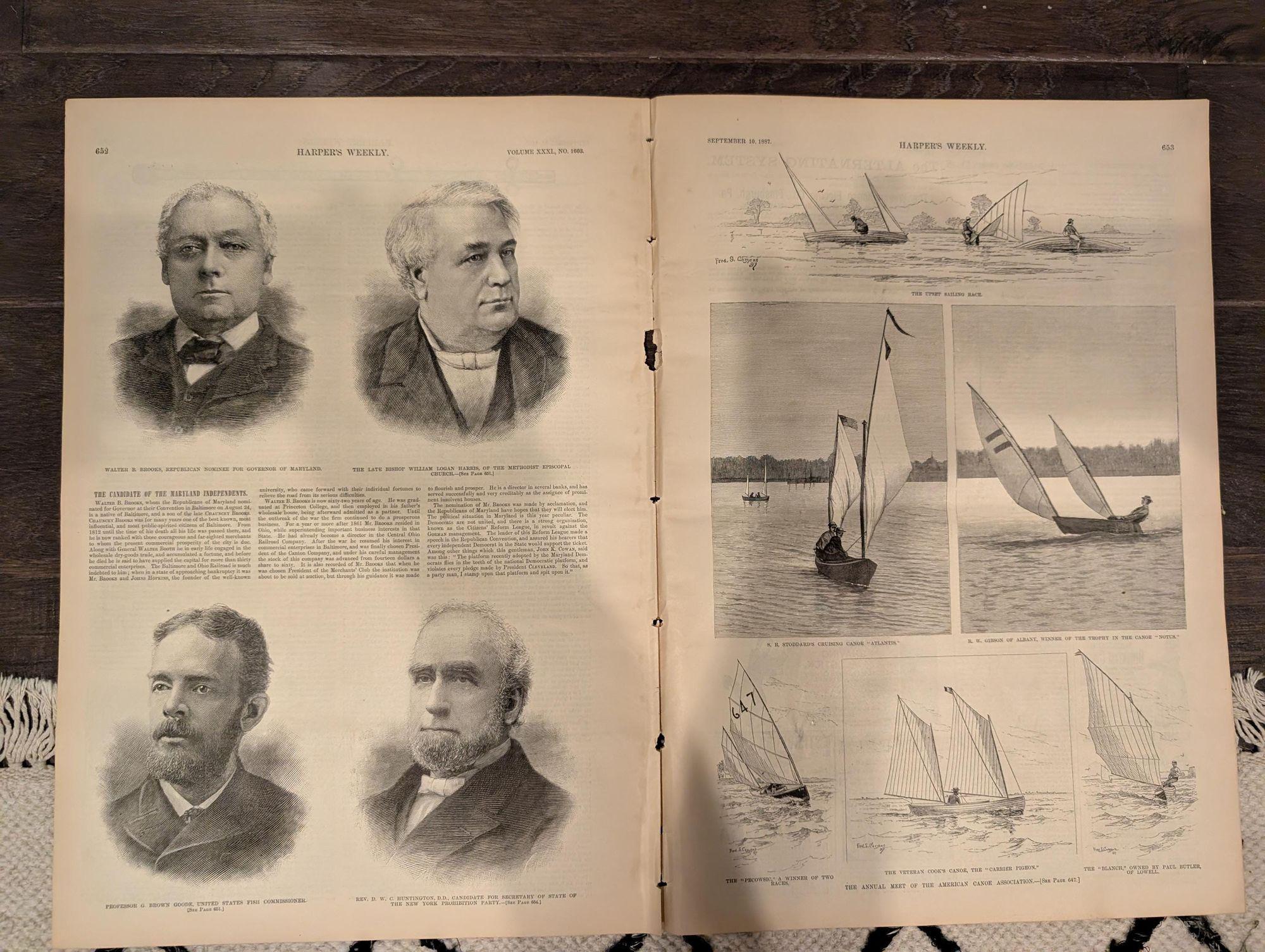 1887 Early Baseball, Harpers Weekly September 10  Iconic Thrown Out On Second Baseball Centerfold, Fortress Monroe Cover, Castine Maine
